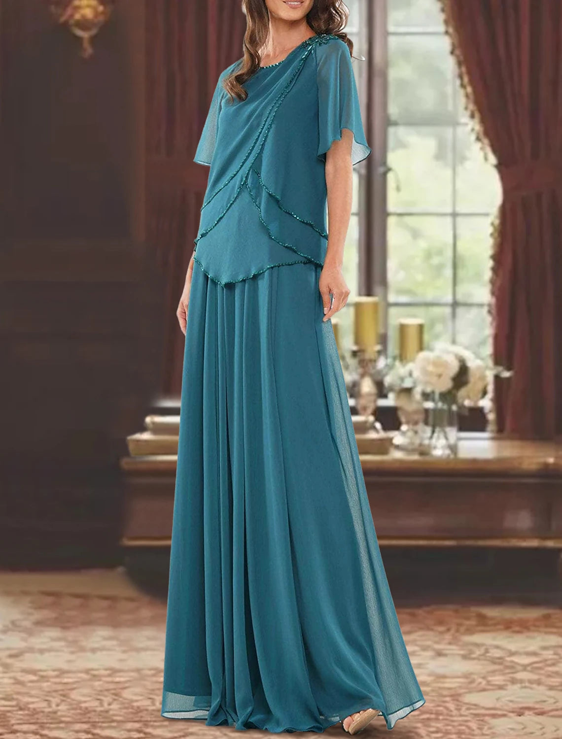 Abito da cerimonia per la madre della sposa, a trapezio, elegante, con scollo gioiello, lunghezza al pavimento, in chiffon, maniche corte, pieghe e perline